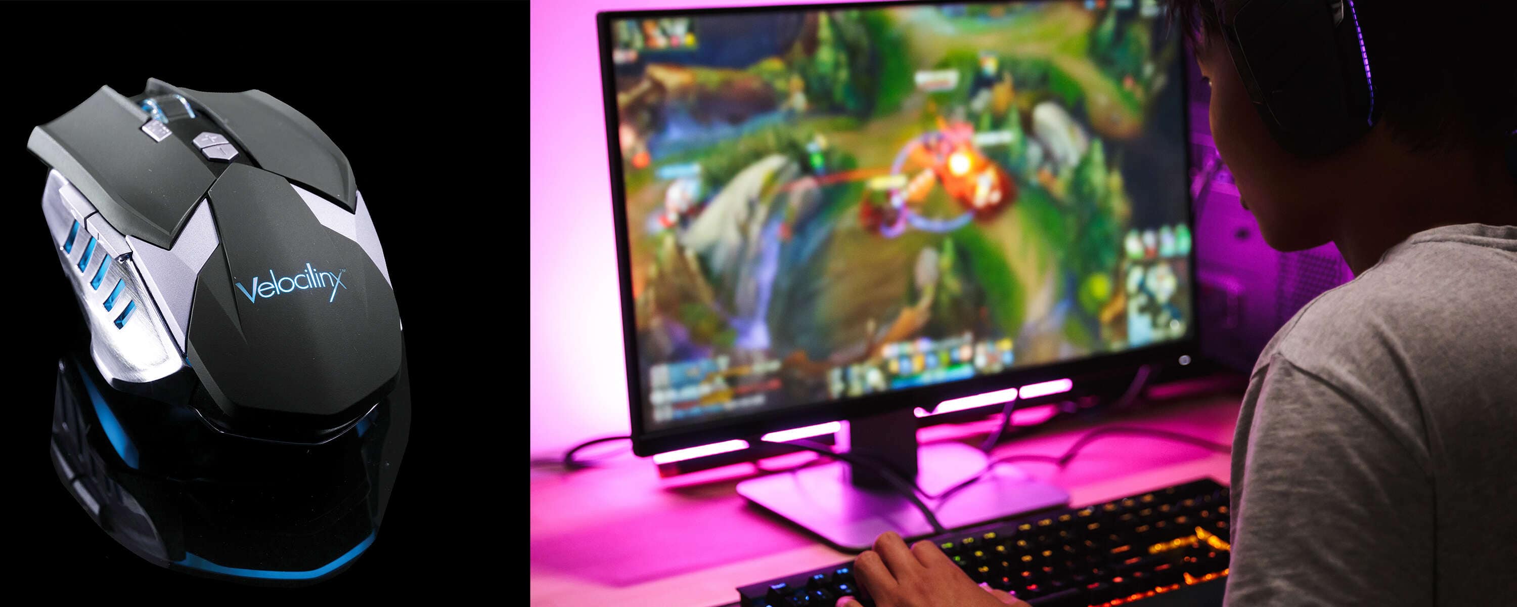 Boy playing a PC game with an inset of a Tyr mouse.