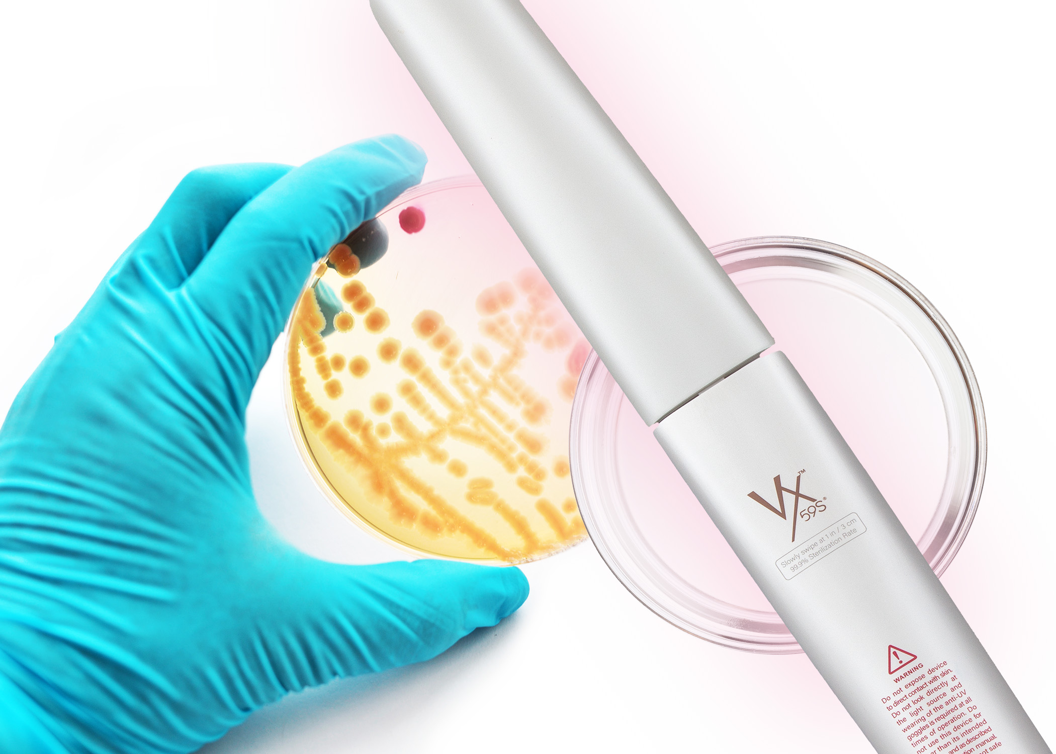 Velocilinx Germinator UVC wand and culture in Petri dish